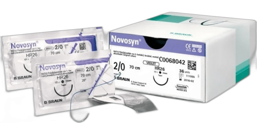 "Novosyn 0" absorbciniai chirurginiai siūlai, violetinės spalvos HR26s 70 cm 1/2 apskritimo